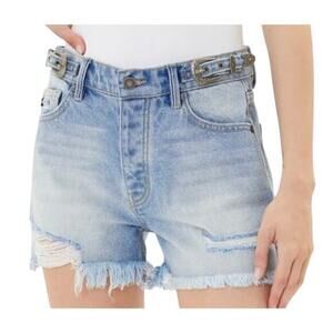Kancan High-Rise Jean Shorts 28" Side Belt Western Distressed Denim Fringe Jorts